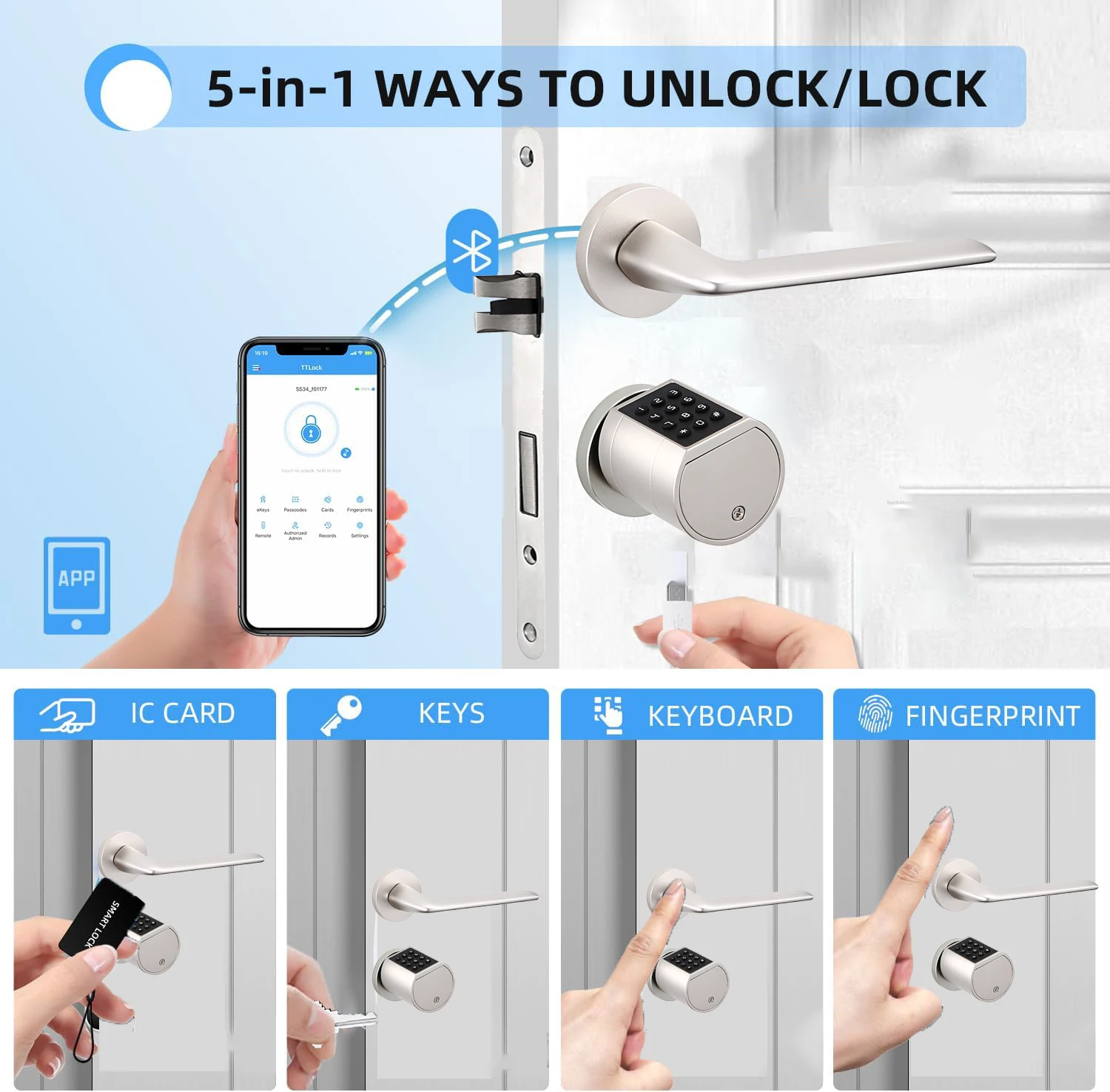 TTLock Keyless Smart Cylinder Fingerprint Lock with 4Pcs AAA Battery Adjustable Length Biometric Fingerprint Door Lock with App