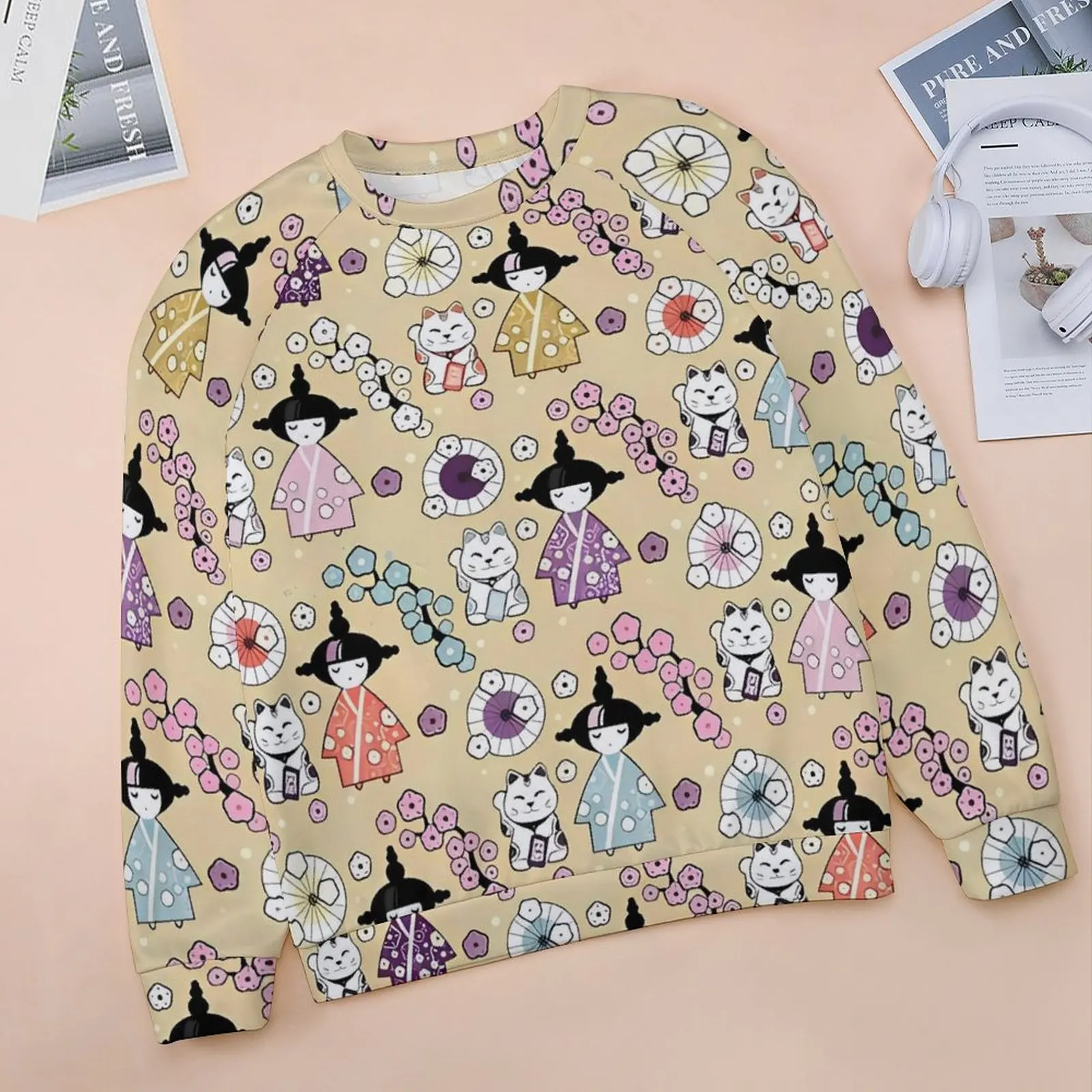 Cute Japanese Dolls Hoodies Kokeshi and Maneki Neko Cats Harajuku Oversized Hoodie Women Long-Sleeve Modern Casual Clothing