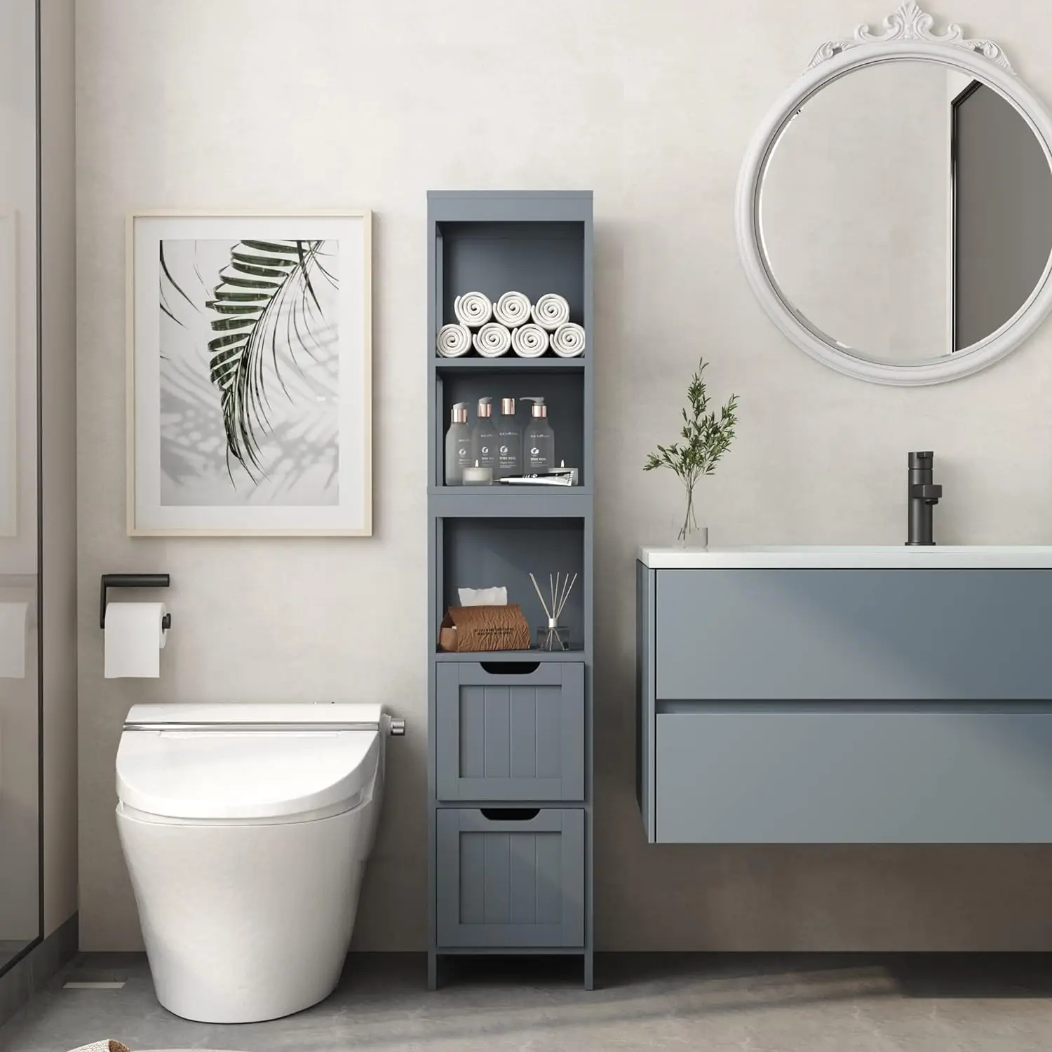 

Bathroom Storage Cabinet, Slim Tall Cabinet, Narrow Floor Cabinet Organizer, Wooden Linen Tower with 2 Drawers and 3 Sh