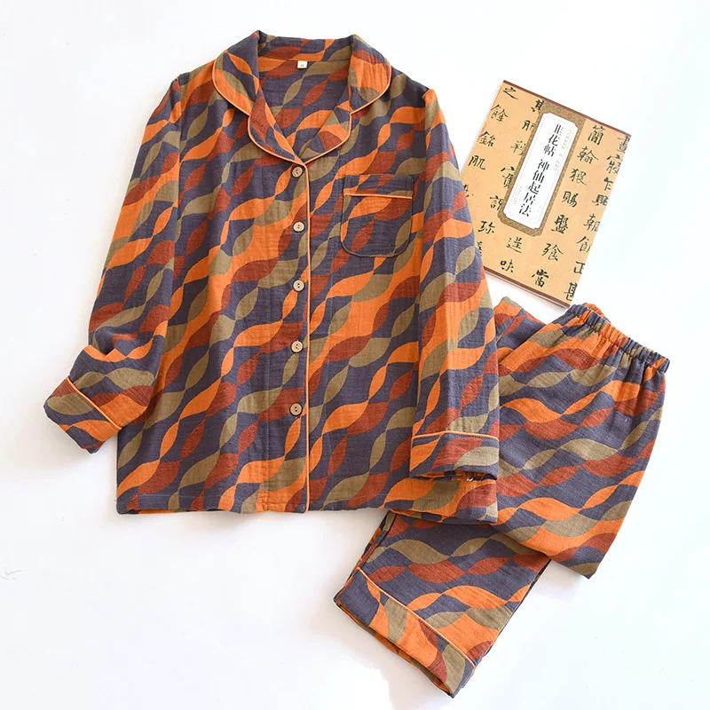 Women's Color-woven Jacquard Lapel Collar Long-sleeved Trousers Pajamas Thin Cotton Double-layer Gauze Loungewear 2 Piece Sets