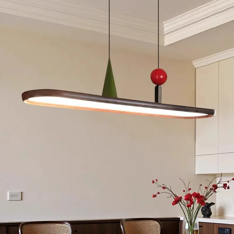 Minimalist Elliptical Iron Pendant Lights Dining Room Restaurant Design Sense Walnut Color Long Strip Revolving LED Hanging Lamp