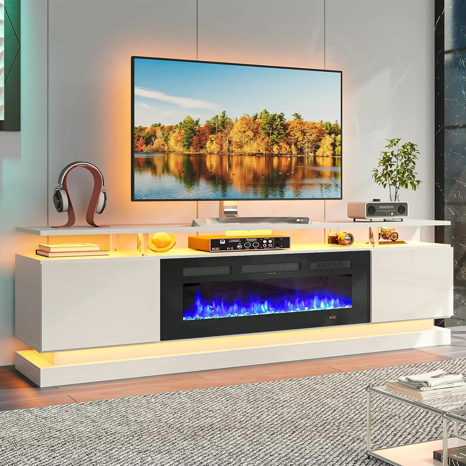 70" White Fireplace TV Stand Entertainment Center with Storage for TVs up to 80", Customized
