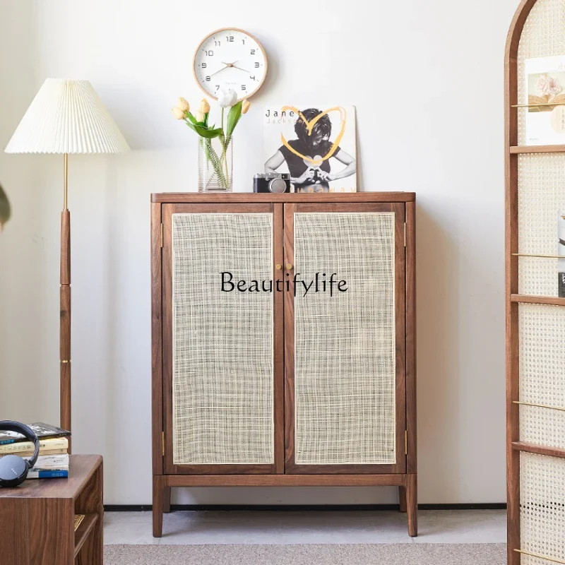 

FG40Black Walnut Wooden Shoe Cabinet Simple Hallway Solid Wood Modern Rattan Home Doorway Locker