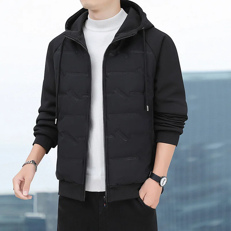 Męska kurtka puchowa na jesień i zimę 2025, patchworkowa, jednolita, zapinana na zamek, z kapturem, wiatroodporna, ciepła, z długim rękawem, odzież wierzchnia.