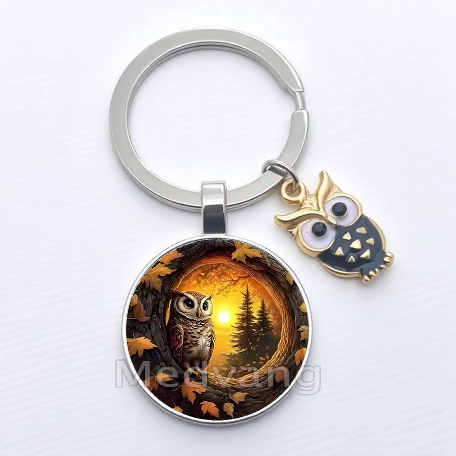 2026 Retro Owl Keychain Owl Family Pattern Glass Keychain Gift Wholesale view 2