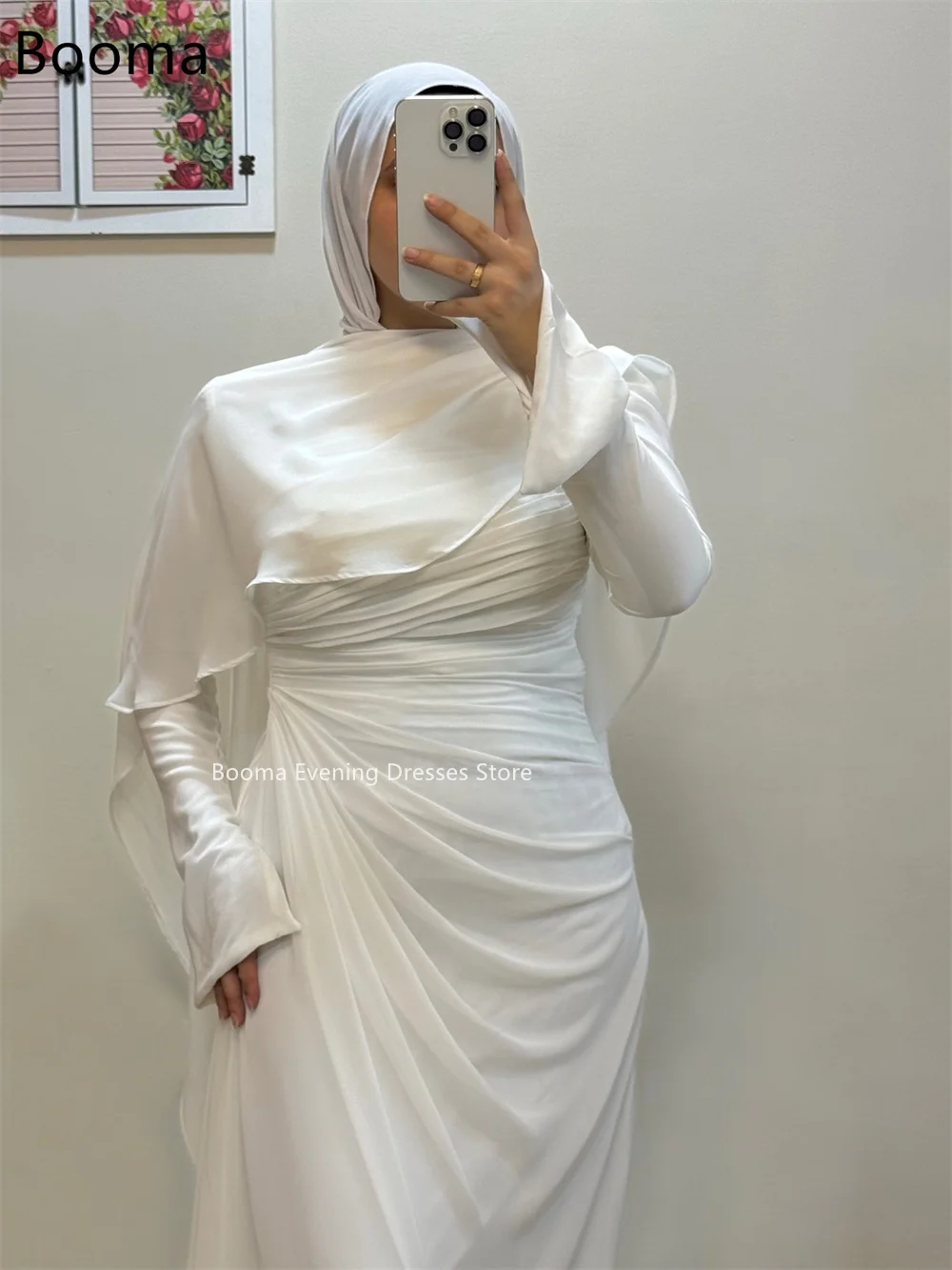 Booma a-line رقبة دائرية مطوي بسيط من الساتان فساتين زفاف أنيقة كم طويل فستان العرائس المملكة العربية السعودية مصنوع حسب الطلب 2025 #2