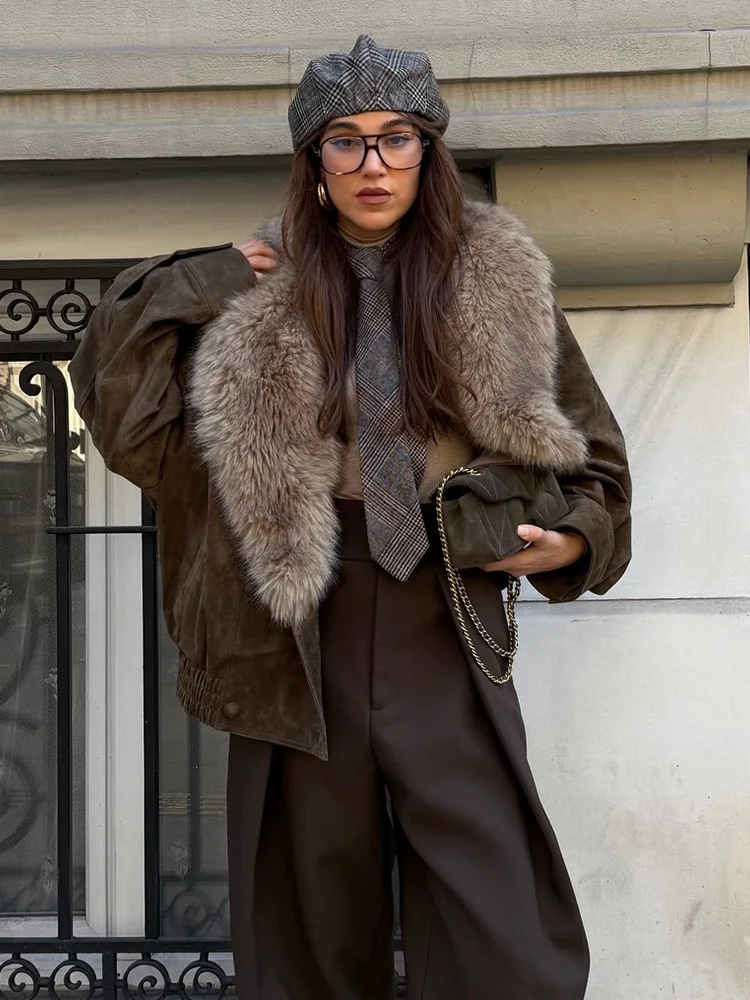 

HH Woman Fashion Winter Faux Fur Effect Lapel Long Sleeves Double Breasted Pocket Decoration Jackets Female Loose Casual Coat