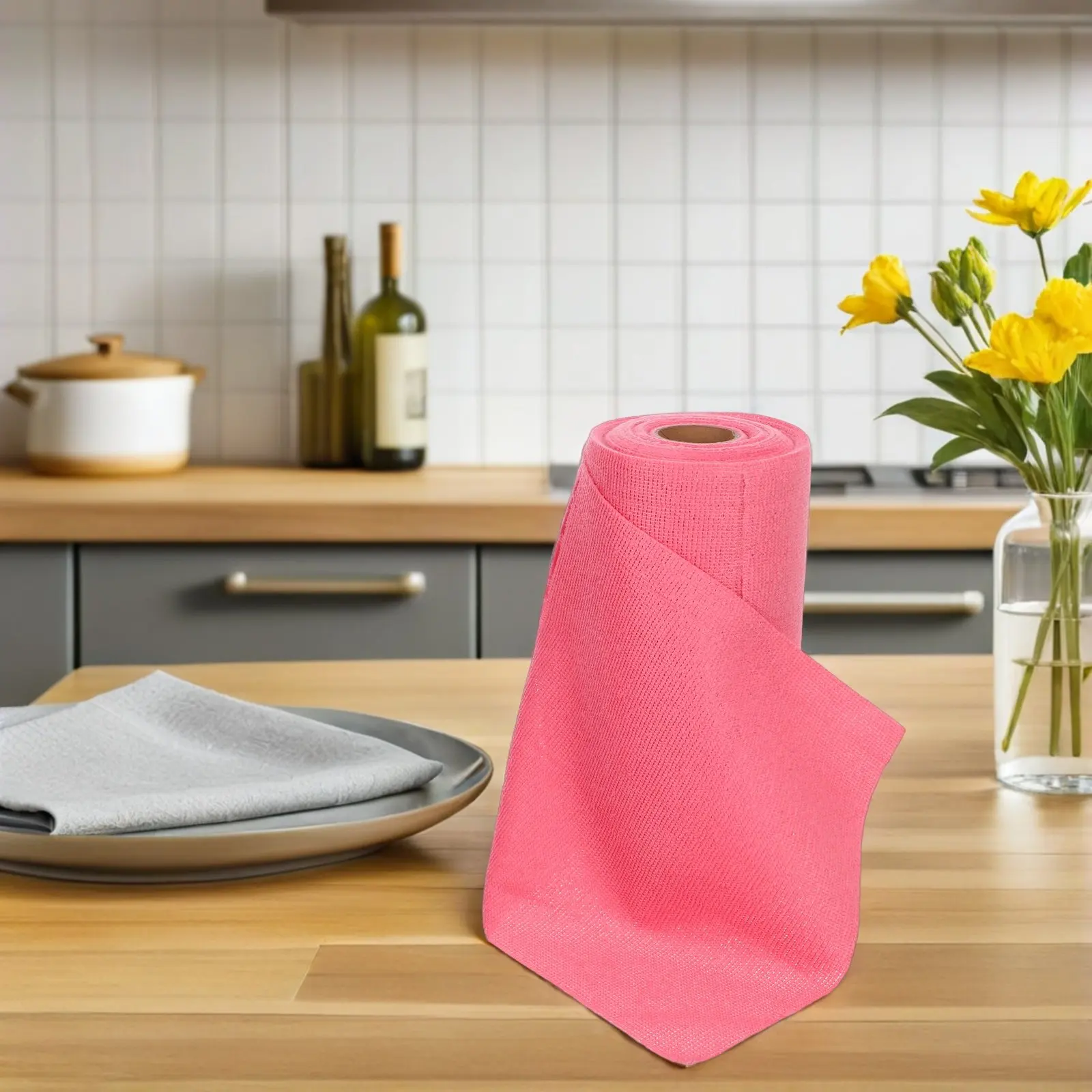 

1 Roll Microfiber Cleaning Cloth Tear-Away Heavy Duty Absorbent Kitchen Dish Towels Reusable Disposable Wet Dry Wipe Pink 25Cm