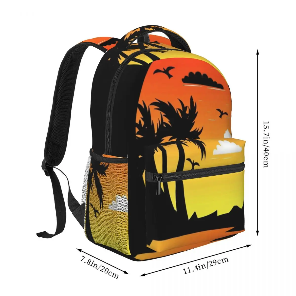 Cool Skull Student Backpack Center Palm Tree Sunset Tropical Sunset Silhouette Orange Yellow Black Streetwear Bookbag for Teens