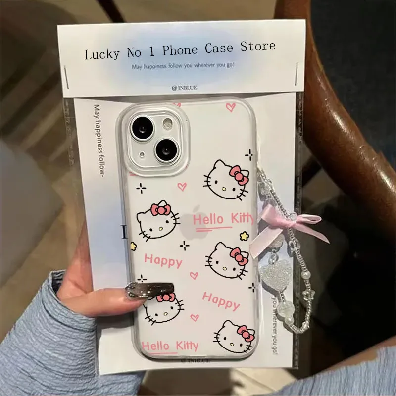 Full Screen Line Hello Kitty Pink Bow Strap Phone Case For iPhone 16 15 14 13 12 11 Pro Max XR XS MAX 7 8 PLUS Y2K Matte Cover