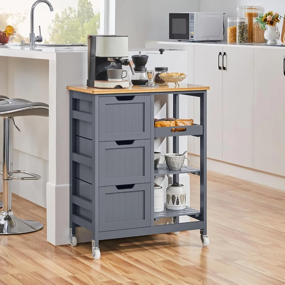 

Kitchen Island Cart on Wheels with Storage, Rolling Bar Cart with Solid Wood Top and 3 Drawers, 3 Removable Shelves