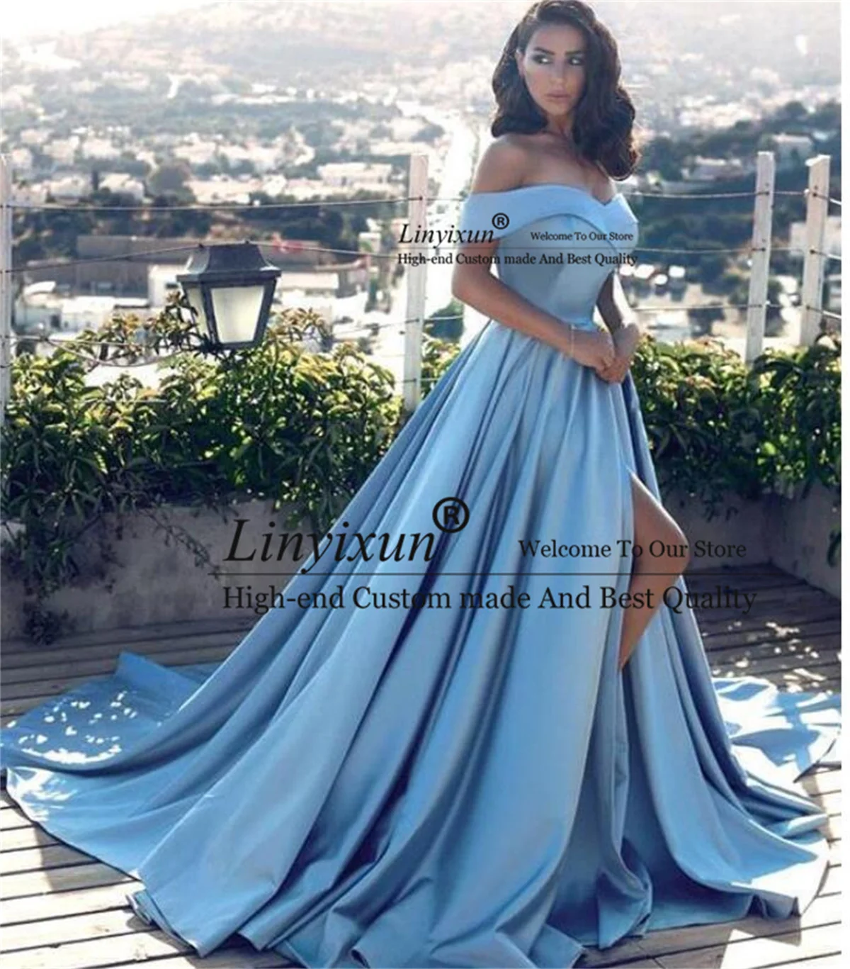 

Sexy Split A Line Prom Dresses 2022 Off Shoulder Ruffles Long Evening Gowns Off Shoulder Pleat Court Train Robe de soriee