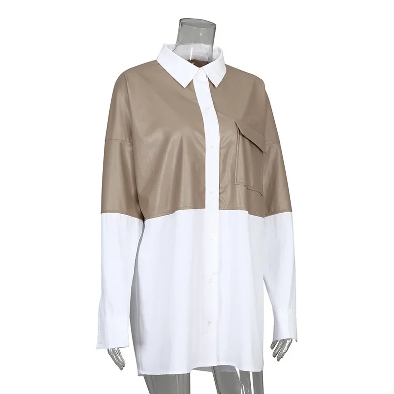 ButtonShirt PU Leather Loose Long-sleeved Casual Shirt Stitching Lapel Overalls Mid-length Tops Women's Shirts Street Tops