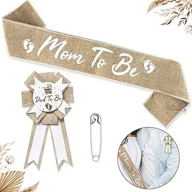 Neutral Burlap Mom to Be Sash Dad to Be Pin Baby Shower Decorations for Pregnant Mommy Gift Party Decorations