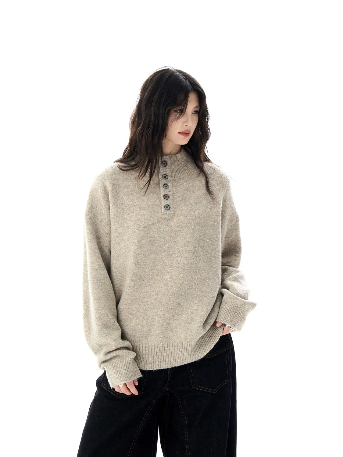 

Свитер с воротником Генри в американском стиле ретро, свободный повседневный вязаный топ для мужчин и женщин, удобная осенняя одежда Cleanfit