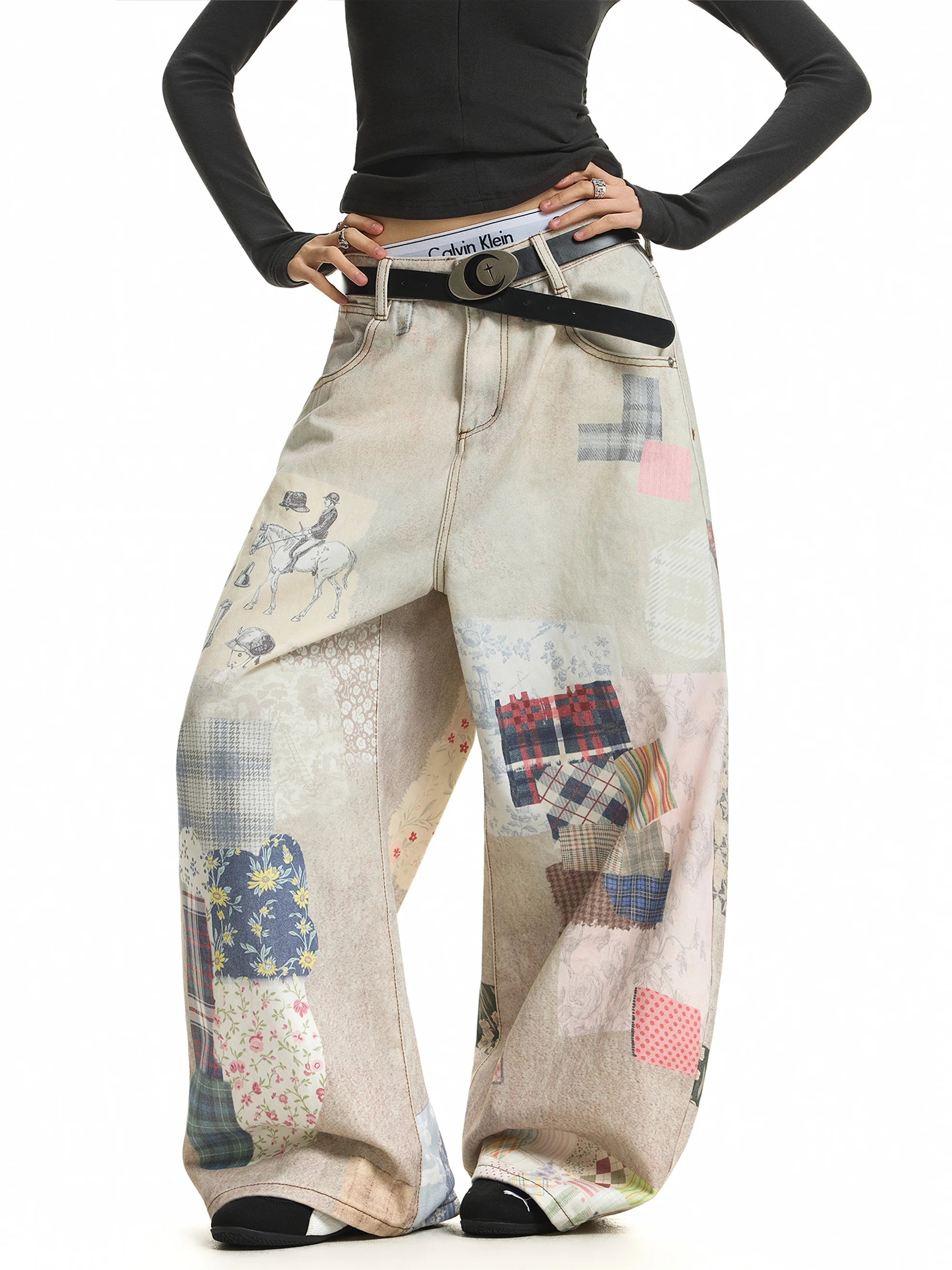 

Retro American Street Style Torn Fabric Print Wide Leg Jeans Loose Fit Women's Denim Pants Vintage Design Casual Cotton Pants