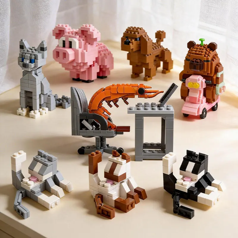 Cute Cat Building Blocks Toy Animal Series Bricks DIY Assembled Shrimp Building Block Dog Pig Bricks Education Toy Birthday Gift