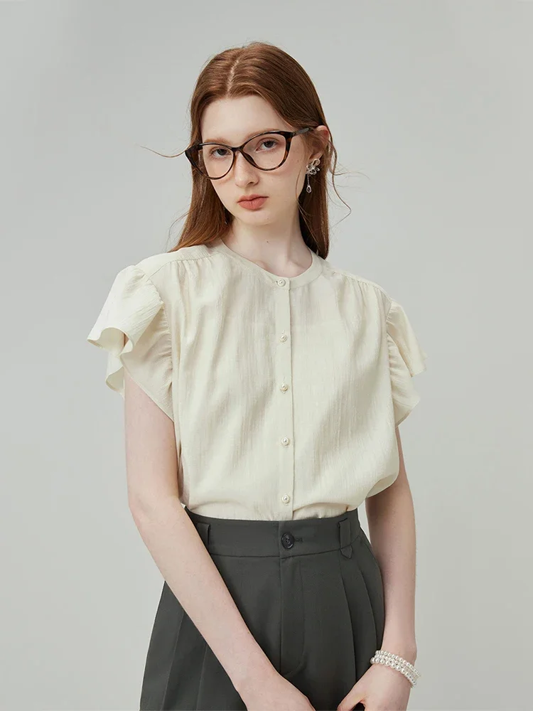 

FSLE Flying Sleeves Temperament Shirt Women's Summer 2023 New Ruffled Round Neck Top White Women Casual Loose Women Tops