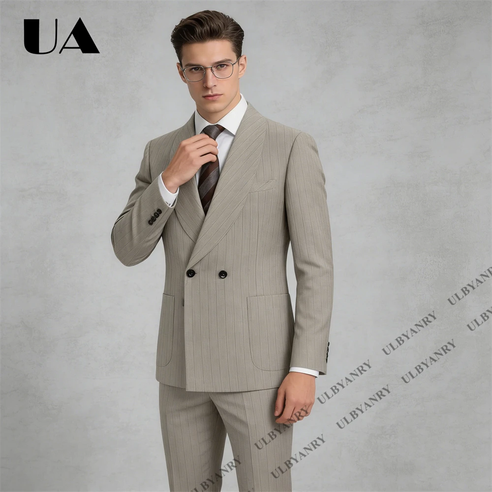 

ULBYANRY 2026 New Two Piece Suit Set for Men, Slim Fitting Pinstripe Double Breasted Suit Jacket with Pants Business Interview