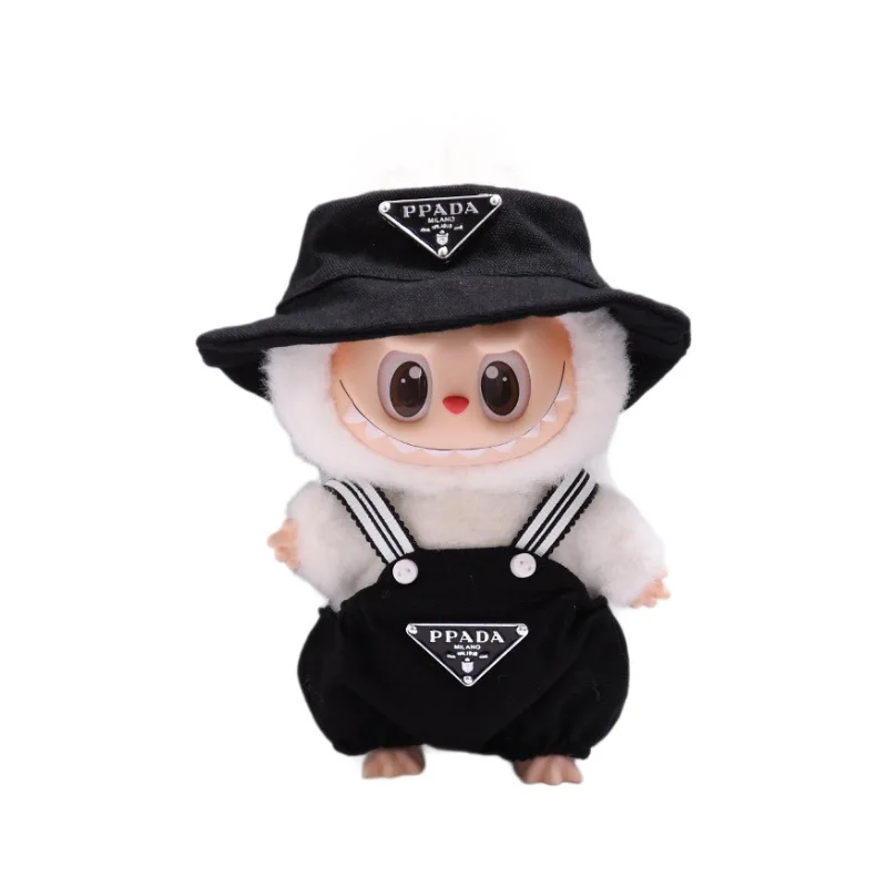 Poppenkleertjes voor Labubu 17 cm set effen kleur overall en emmerhoed outfit voor doe-het-pop dressing cadeau voor speelgoedverzamelaars