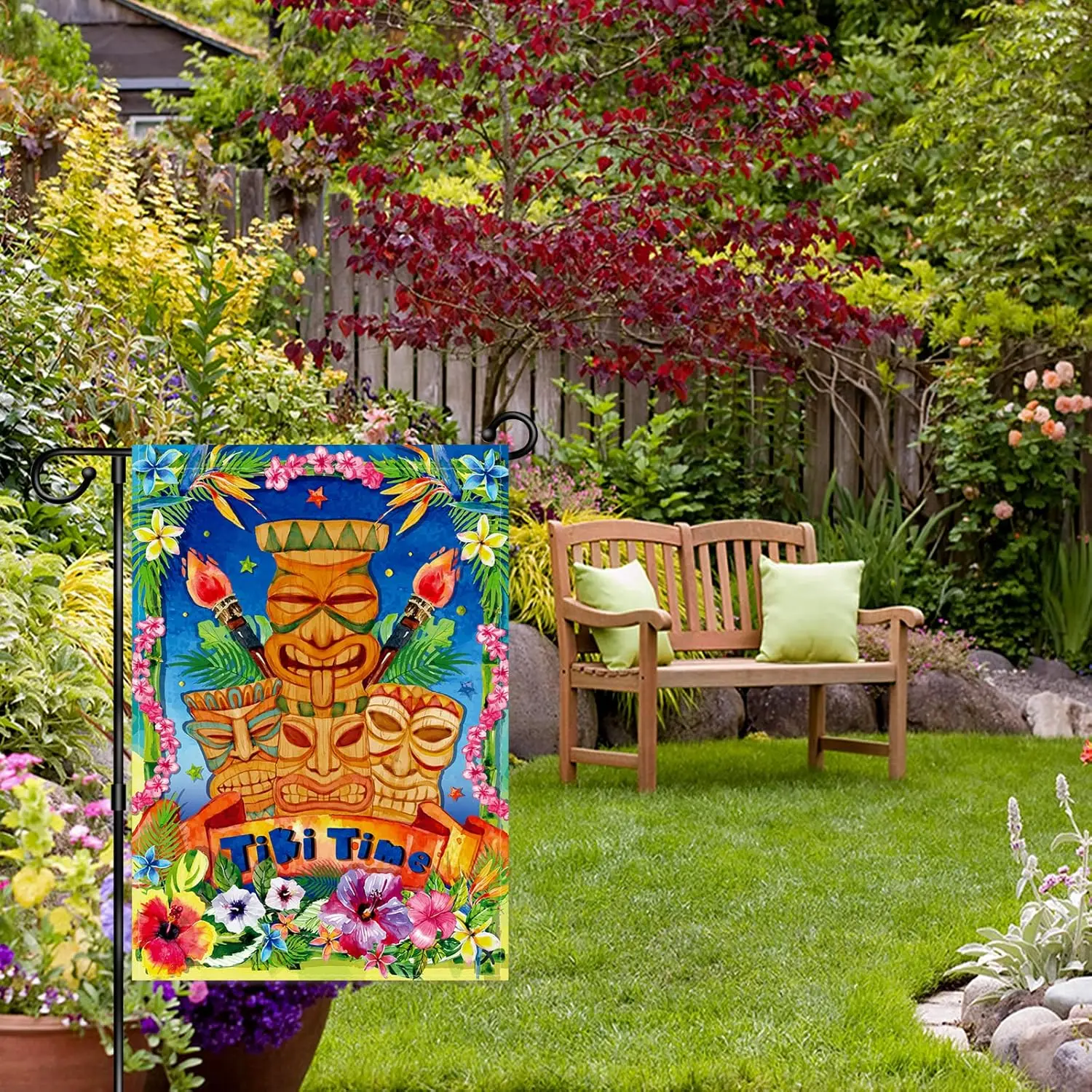 Tiki Time Summe House Flag - Luau Party Yard Sign - Tiki Bar Hawaii Tropical Luau Hibiscus Frangipani Flower Flag - Summer O UUN - view 2