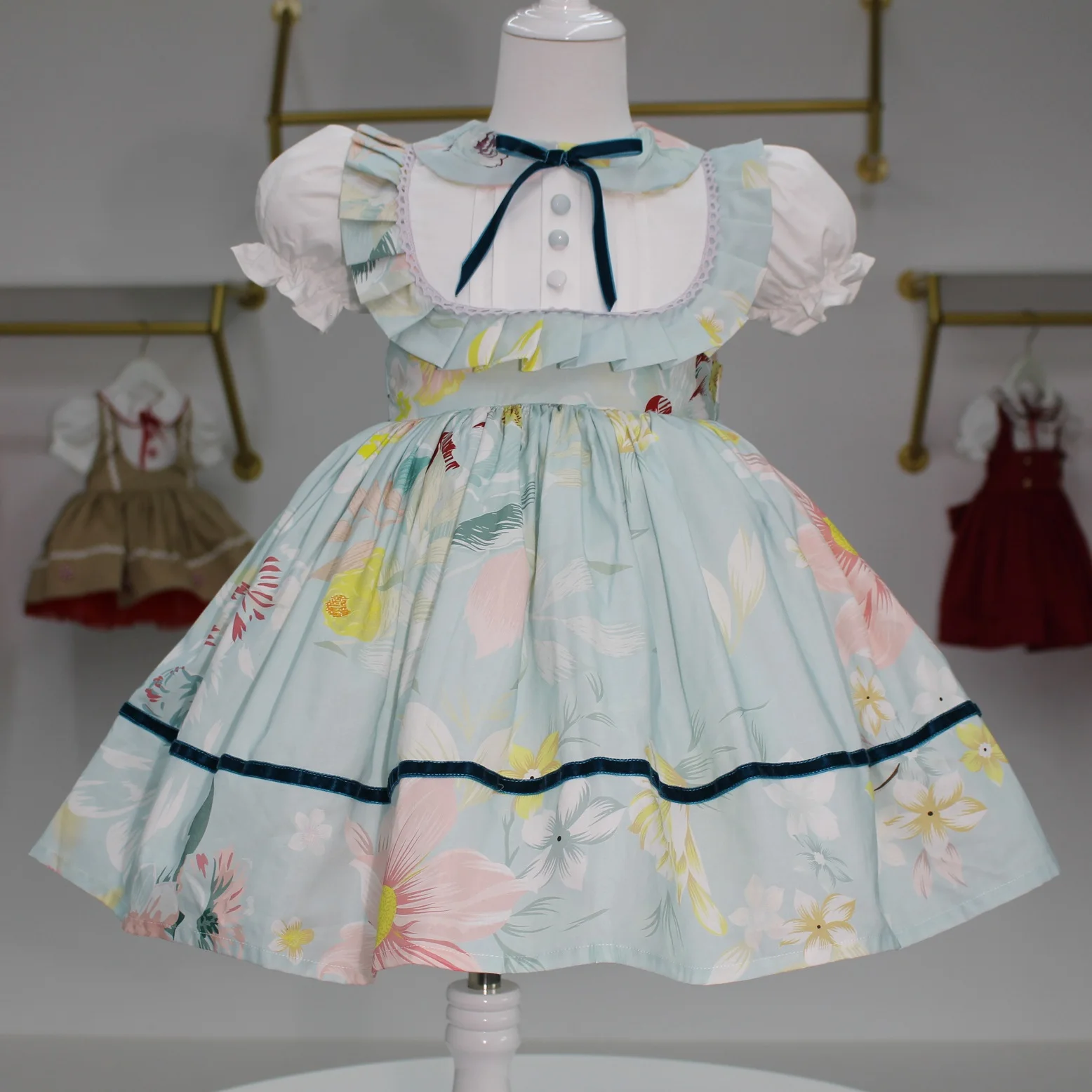 0-12Y Baby Girl Summer Rose Floral Blue Turkish Vintage Lolita Princess Ball Gown Dress for Birthday Holiday Casual Eid B195