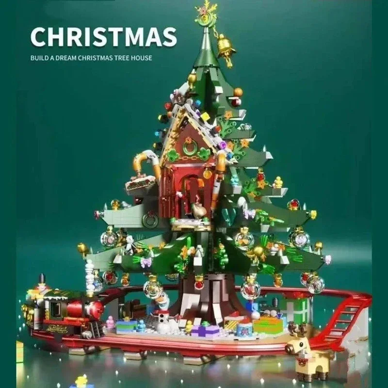 New Christmas Tree Reindeer Gingerbread House Model Sets Building Bricks Toy City Winter Village Train Santa Claus Elk New Year