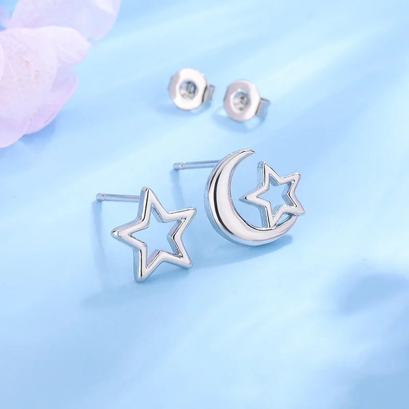 New Fashion Asymmetrical Star And Moon 925 Sterling Silver Jewelry Sweet Cute Stud Earrings 3021