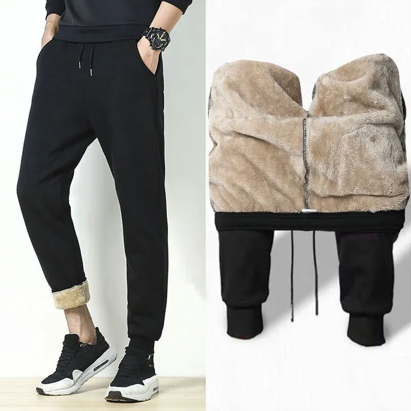 Winter Cashmere Warm Casual Pants Men's Sports Joggers Sweatpants Velvet Thicken Stretch Loose Trousers Lace-up Male Plus Size