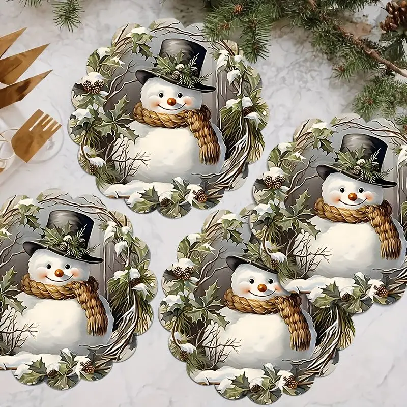 VIKAMA 4Pcs Round Christmas Snowman Placemats Scalloped Edge Holly Berry Print Table Mats Xmas Holiday Dining Table Decor