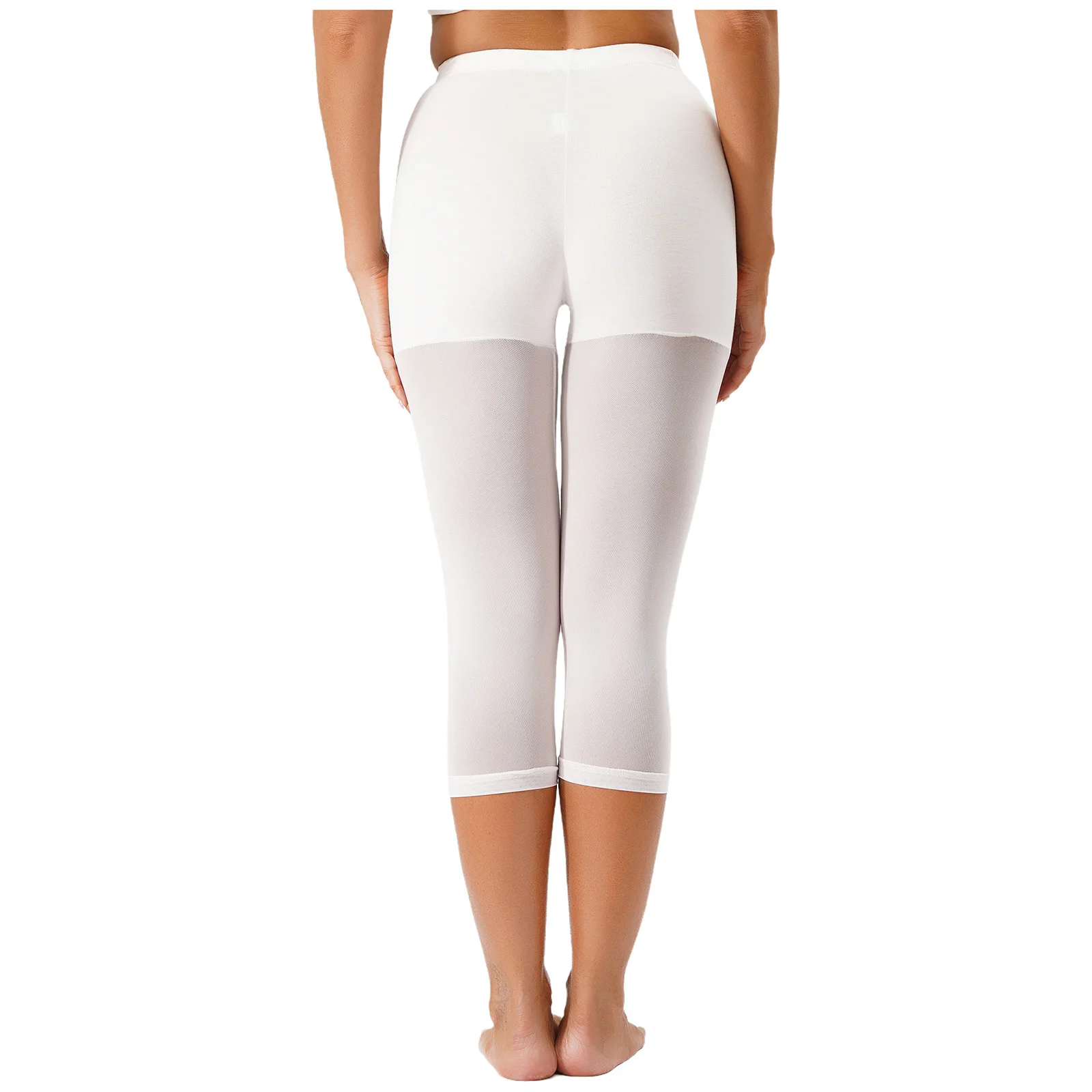 กางเกงเลกกิ้งผู้หญิงเอวยางยืดยาวระดับเข่า สีพื้น แต่งผ้าตาข่ายซีทรู ป้องกันการโป๊ะ สำหรับออกกำลังกาย โยคะ และเล่นกีฬา