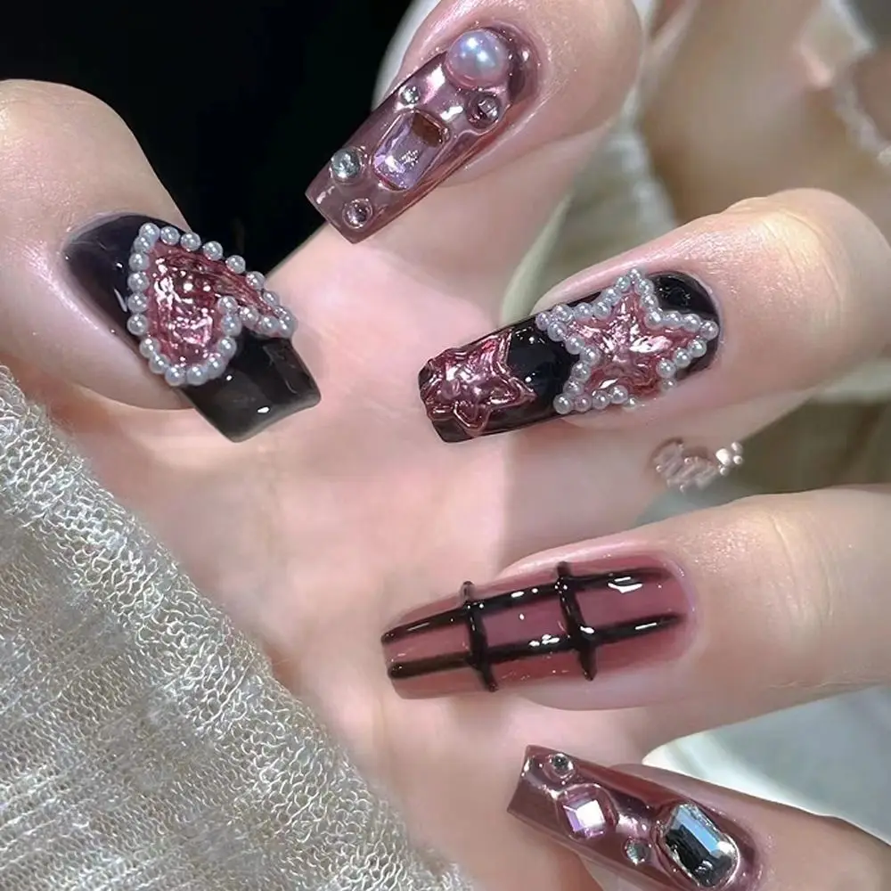 24pcs Long Ballerina and Square Fake Nails French Black Love Heart Cat Eye Edge Glitter False Nails Full Cover Press on Nails