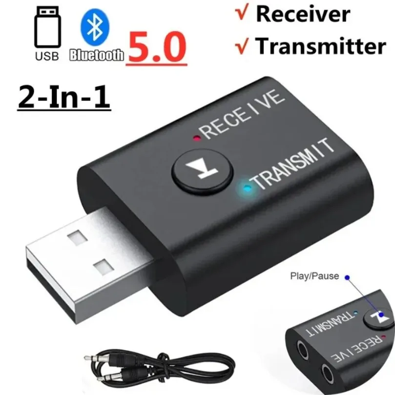 Kabelloser Audio-Adapter, Bluetooth 5.0 Sender und Empfänger, 3,5-mm-AUX-Anschluss, RCA, USB-Dongle, Stereo für TV, Auto, Lautsprecher, Kopfhörer