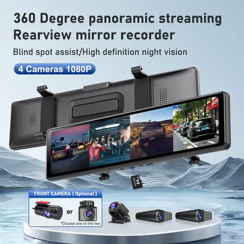 Adinkam 4CH 12인치 백미러 대시 캠 전면, 후면 및 측면(왼쪽 오른쪽) FHD 3*1080P 사각지대 지원 WDR WIFI G-센서