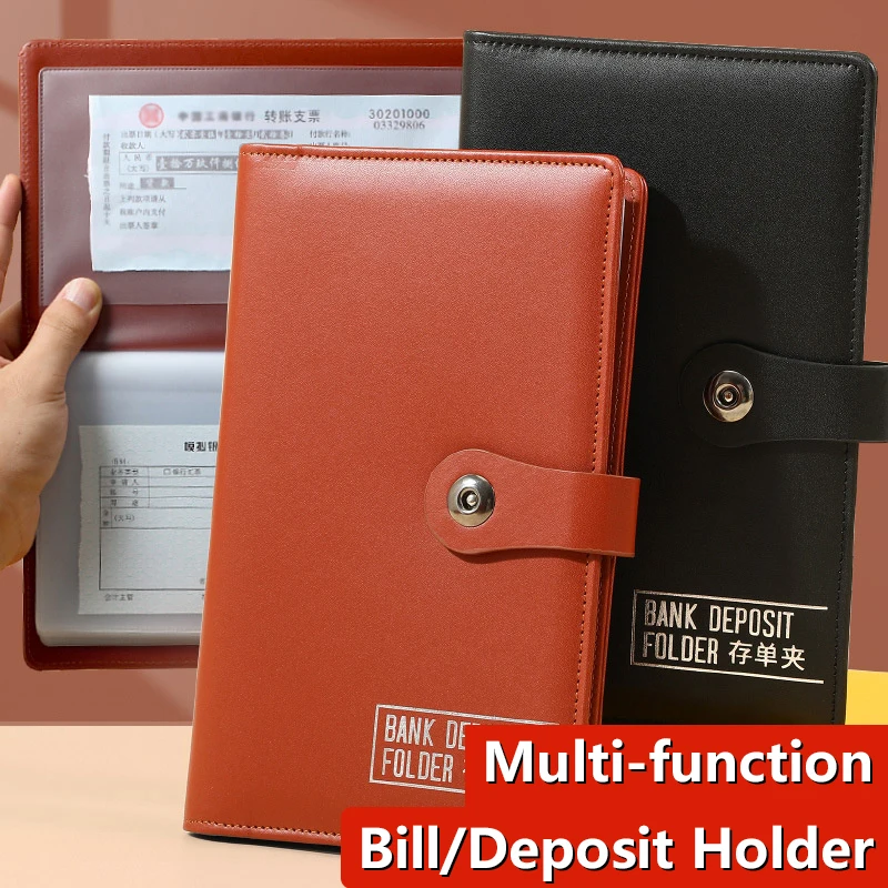 PU Leather Bank Deposit Folder Transparent Inner Page Multifunctional Deposit Collection Book Waterproof Receipt Collection Book