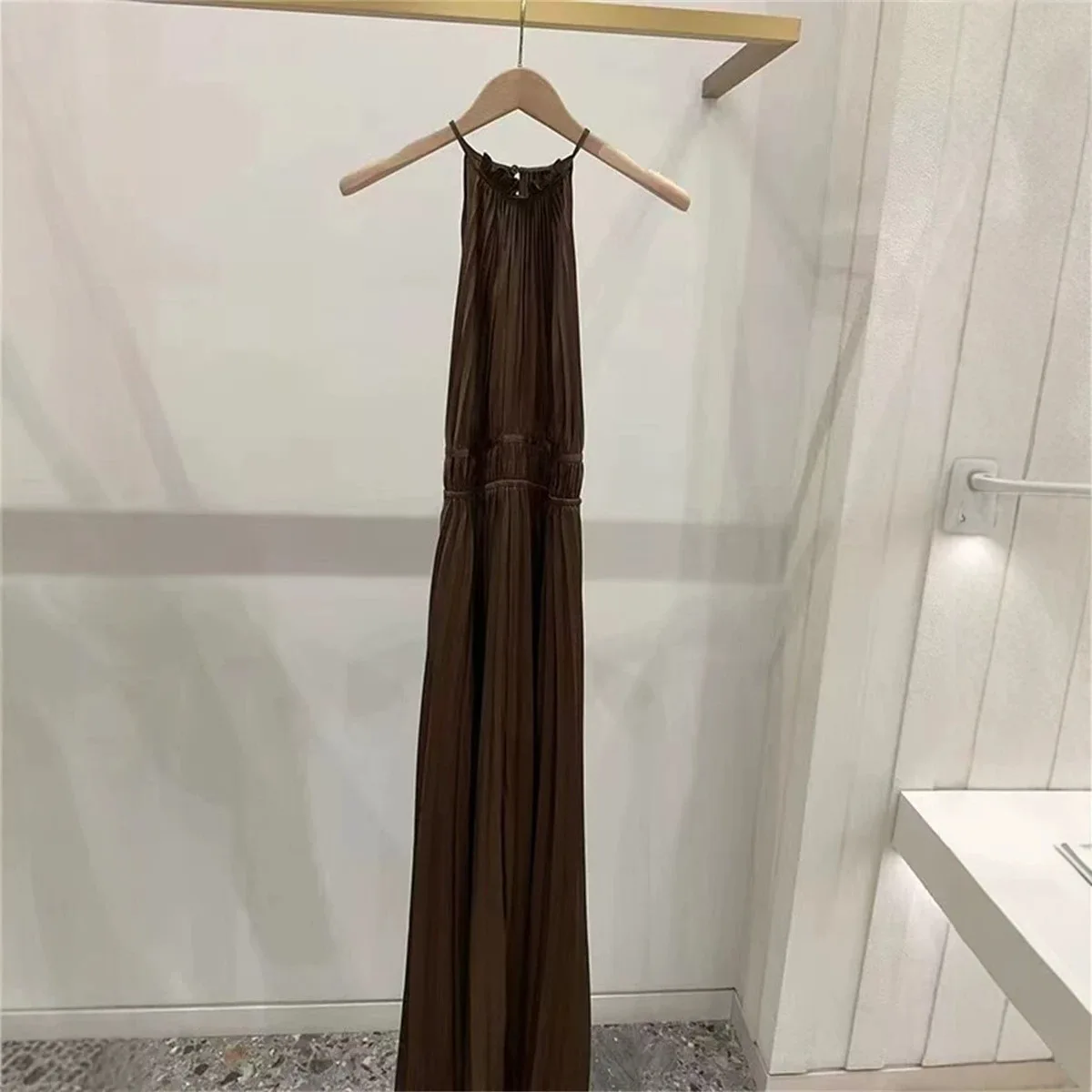

Elegant Pure Color Spring Summer Long Satin Dress with Neck Hanging Waist Cinching A-Line Skirt French Style Midi Dress