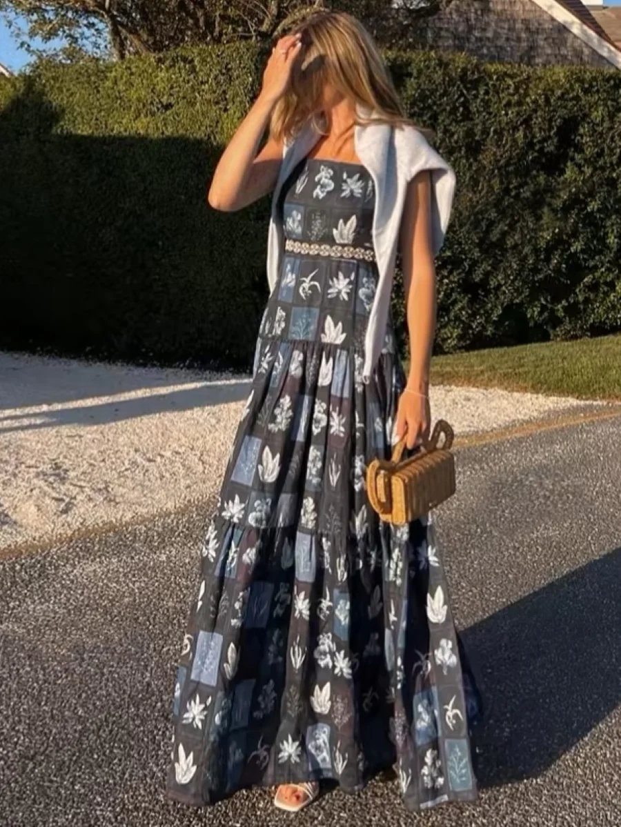 

100% Linen Women Holiday Blue Maxi Dress 2025 New Floral Print Strapless Sleeveless Elegant Female Robe