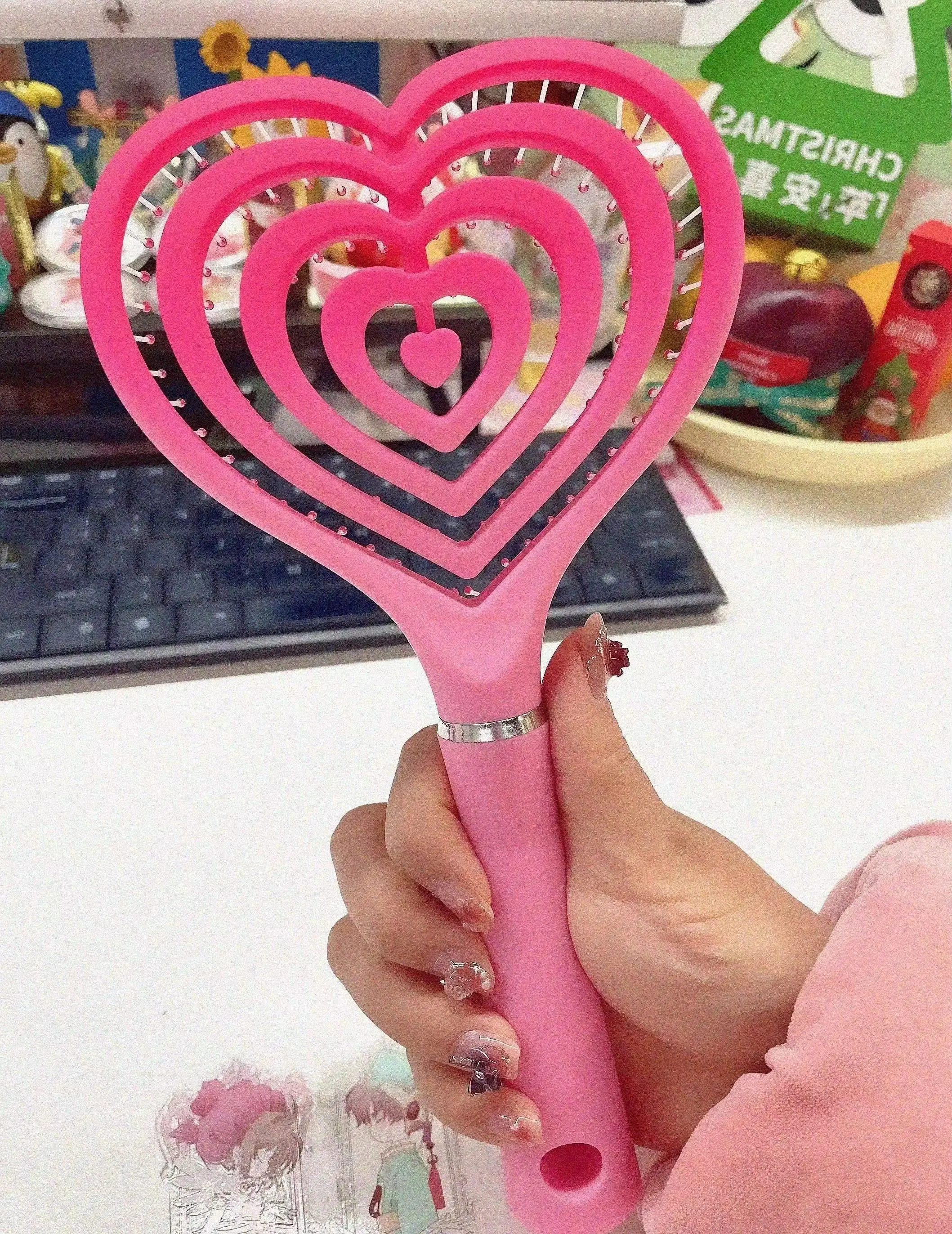 Barbie Kawaii Heart-Shaped Fluffy Design Comb Peripheral Pink Cute Woman Holding Straight Hair Comb Cartoon Xmas Special Gift