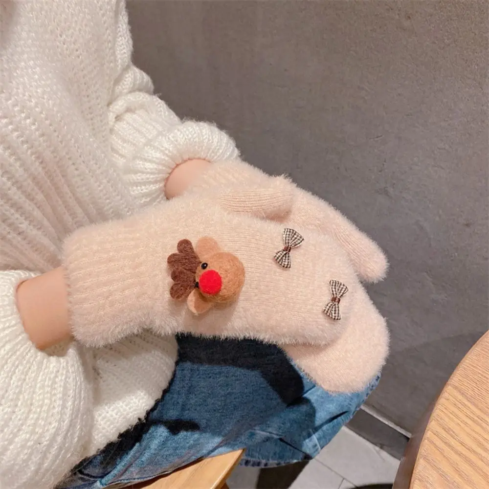 Warm Bow Plush Gloves Creative Full Finger Mittens Thicken Student Knitted Gloves Rabbit Kawaii Cute Gloves Outdoor