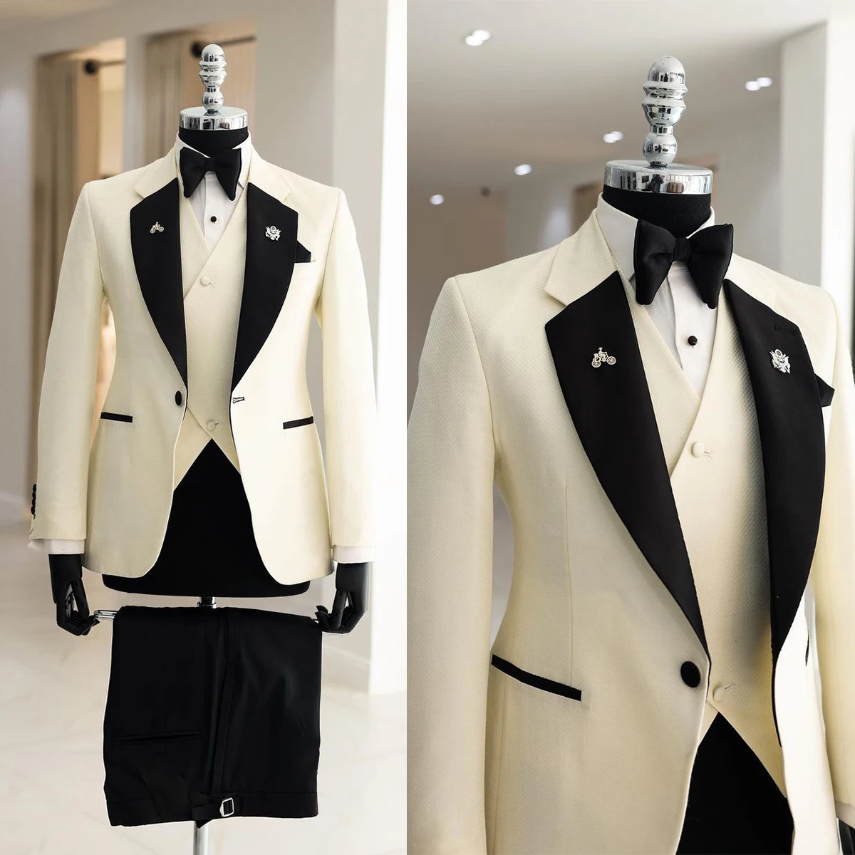 Traje de novio Vintage Ivory para hombre, esmoquin ajustado con solapa de pico y dos botones, traje de novio para boda, 2 piezas (Blazer y pantalón), talla personalizada