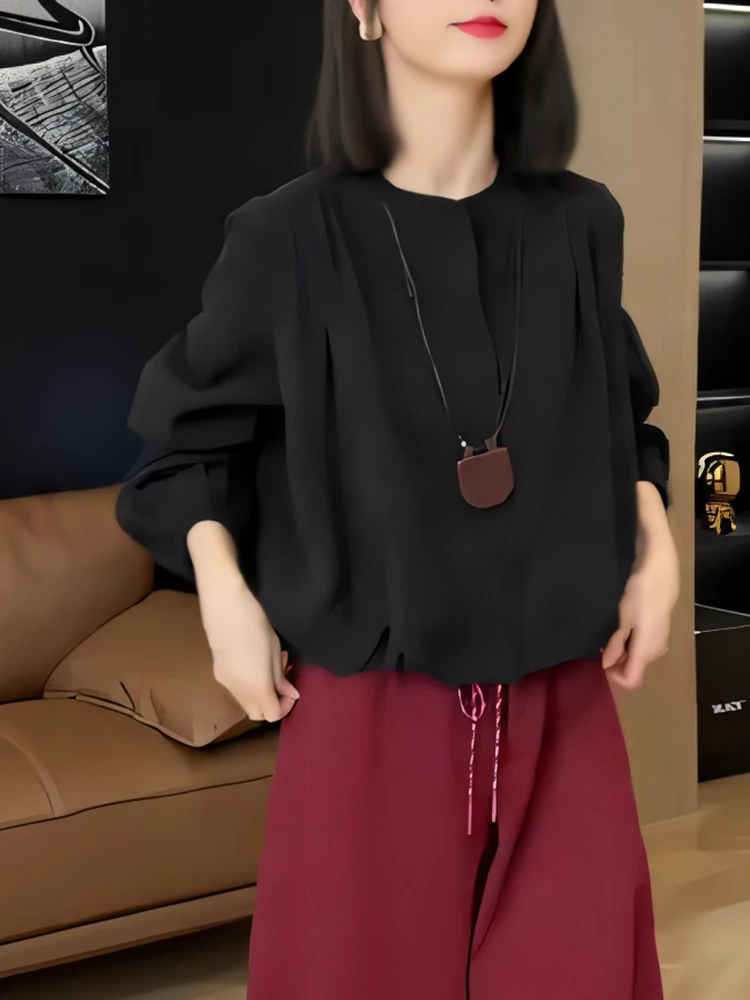 

Женская свободная блузка с длинным рукавом и круглым вырезом, осенняя коллекция 2025, новая модель, корейский стиль, стройнящий крой, для повседневной носки