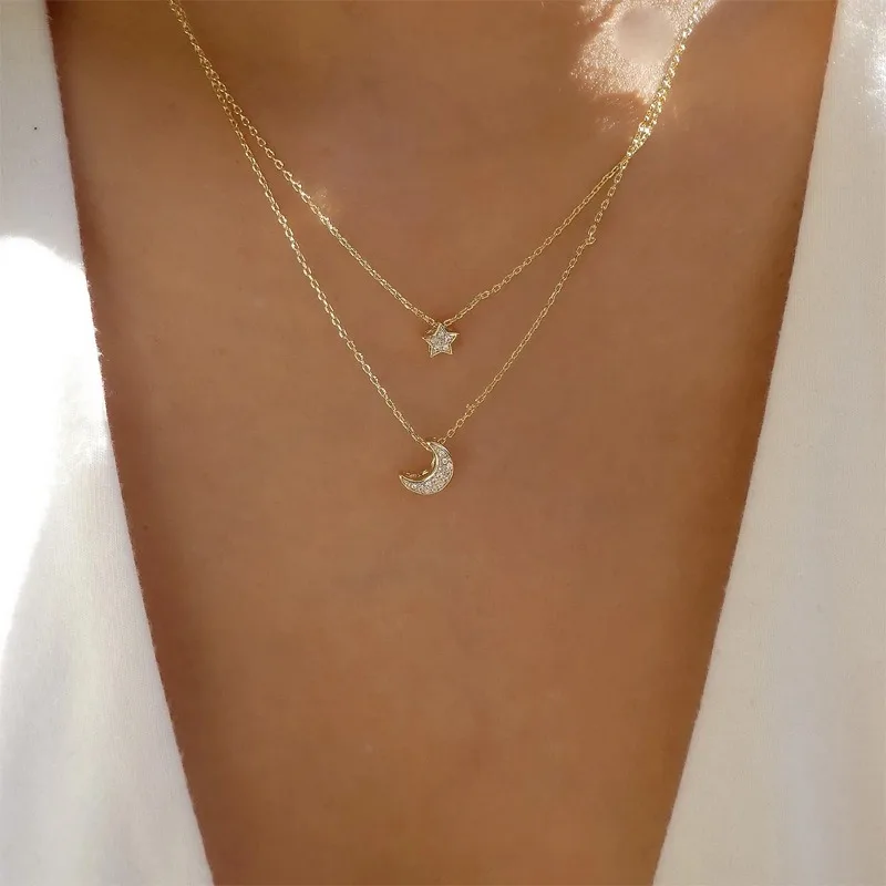 Elegant Double Layer Star Moon Zircon Charm Multilayered Necklace Delicate Clavicle Chain For Women Fashion Party Jewelry Gifts