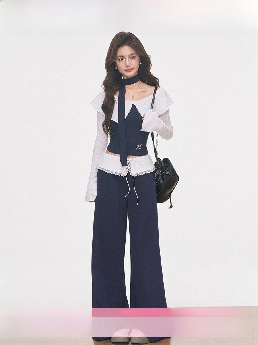 

White Knitted One-oulder Top Casual Sweatpants Two-Piece Set for Teen Girls Spring Elastic Lightweight Long Sve Casual Wear