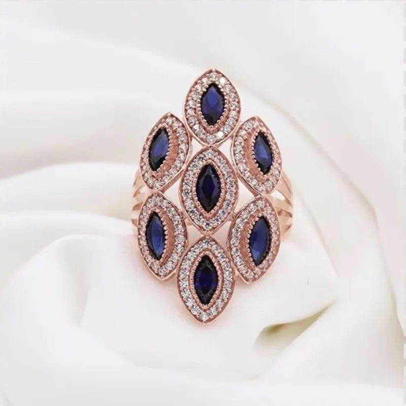 585 Purple Gold Classic Sapphire Rings for Women Plated 14K Rose Gold Blue Gem Horse-eye Pointed Engagement Ring Fine Jewelry