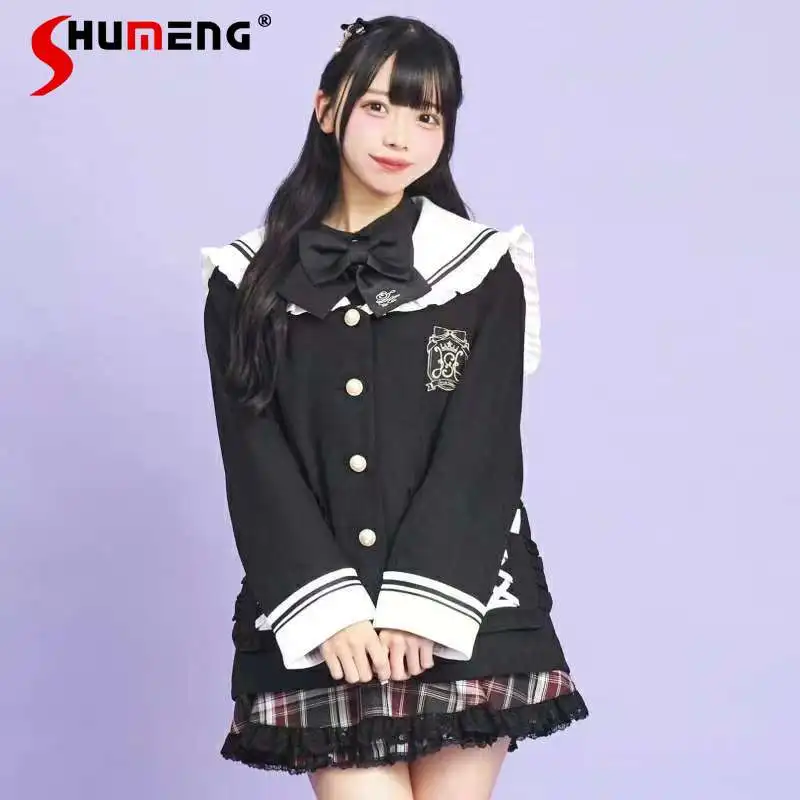 

Japanese Sweet Retro Preppy Style Navy Collar Embroidered Bow Long Sleeve Single-Breasted Lolita Sweatshirts Jackets for Women