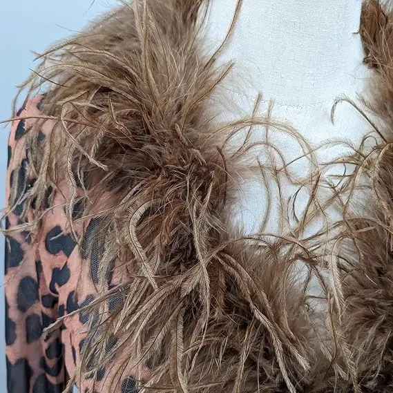 Women See-Through Top with Real Ostrich Feather Brown Black Cropped Jacket Top Bolero 240711