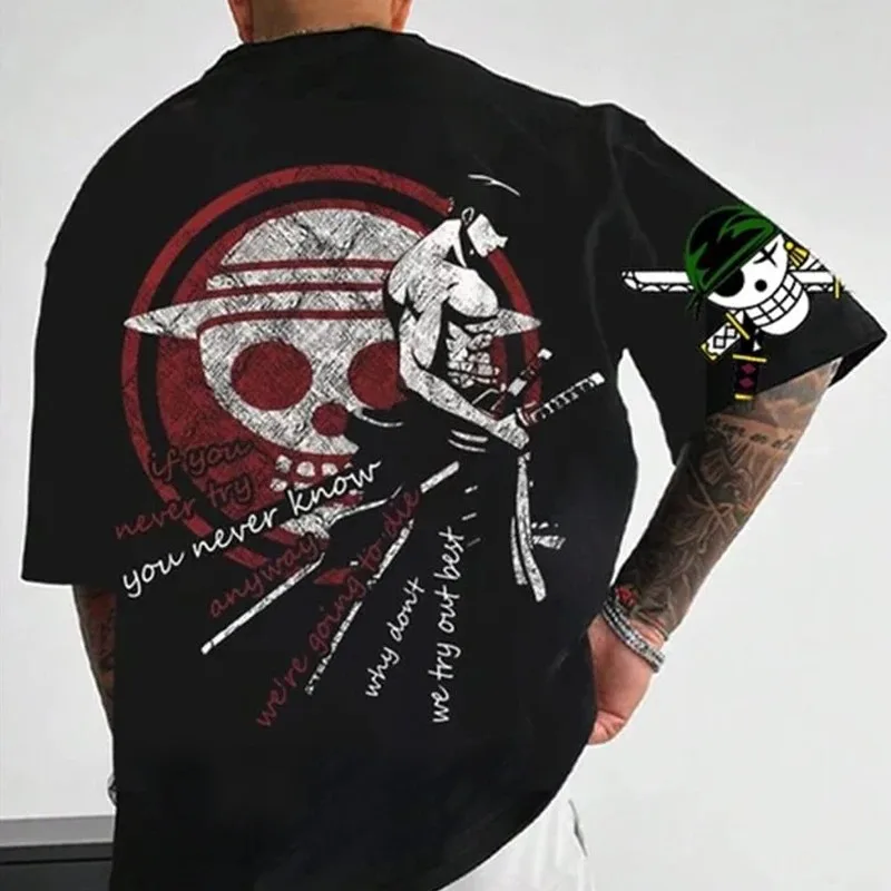 

2026 Japanese ONE PIECE Anime Cool Peripheral Short Sleeved Men's Summer Academy Style Round Neck T-shirt Top Fashionable
