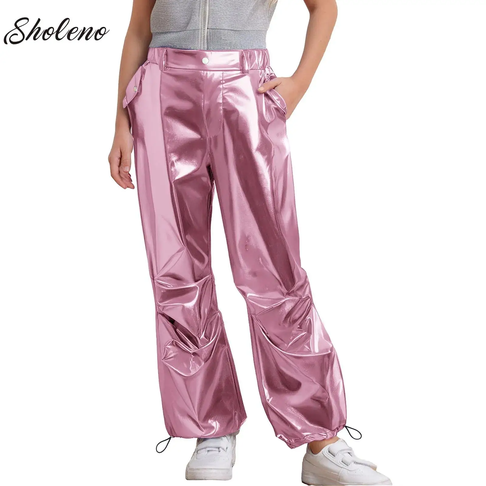 

Rave Street Metallic Cargo Pants Kid Silver Drawstring Leg Ruched Daily Casual Trousers for Jazz Dance Hip-Hop Stage Performance