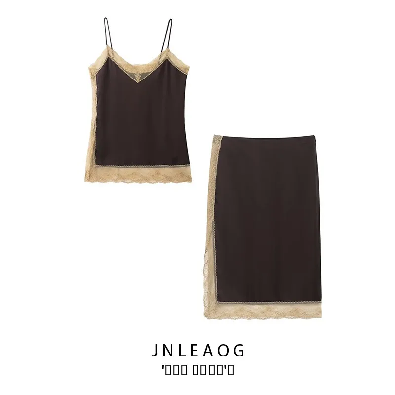 

Faionable Satin Feel Lace Top And Midi Skirt Set Women's Clothing Autumn New Sle Design Ele Classy Two Piece Suit