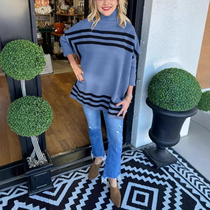 سترات نسائية مخططة بياقة مدورة وأكمام تشبه جناح الخفّاش بلوفرات علوية متماسكة غير رسمية للمكتب سيدة أنيقة لخريف وشتاء 2025